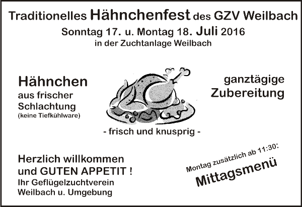 Der GZV lädt ein zum traditionellen Hähnchenfest am 17. und 18. Juli